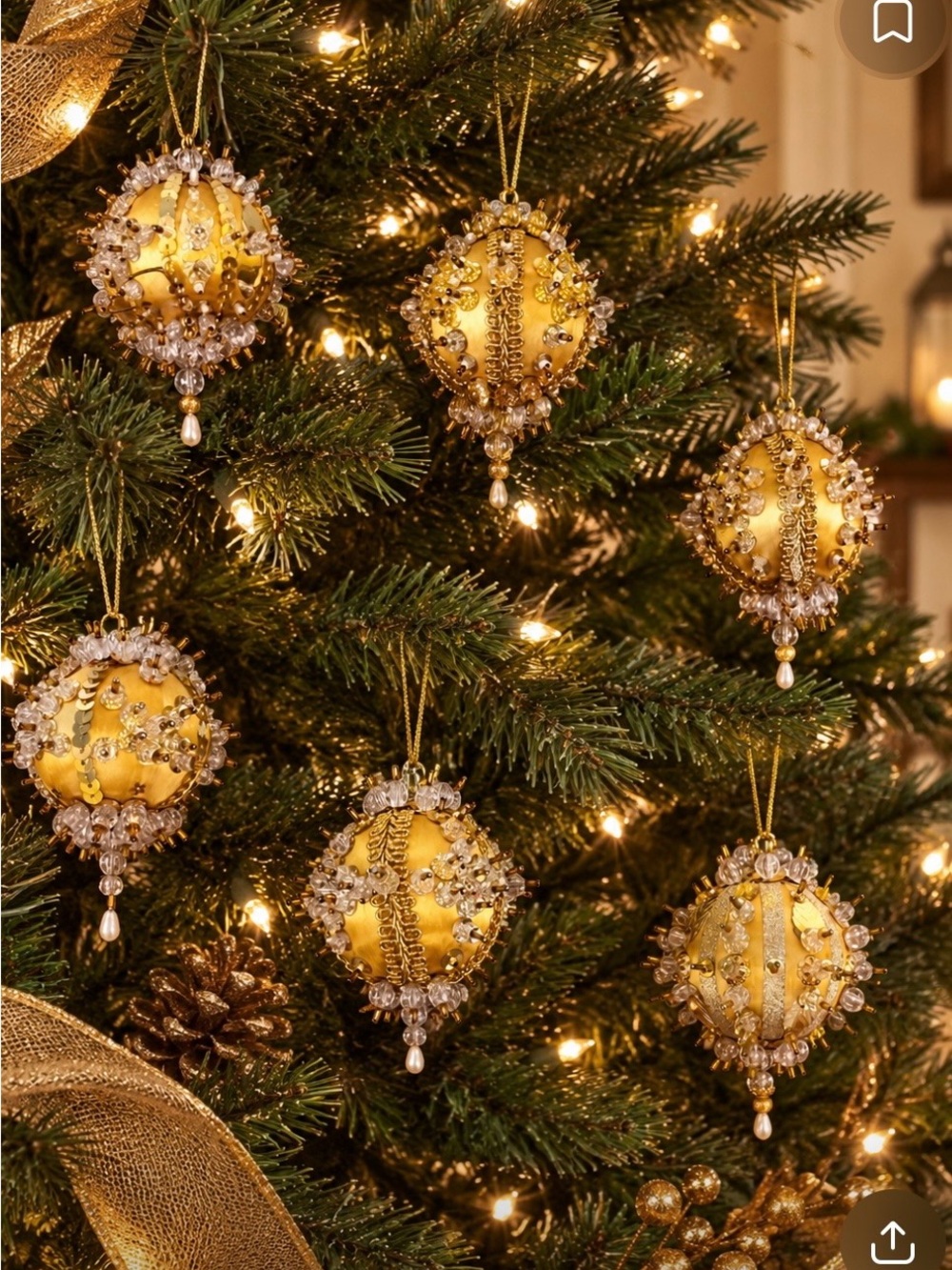 6 Gold Beaded Vintage Holiday Ornament Set - Elegant Christmas Tree Decor
